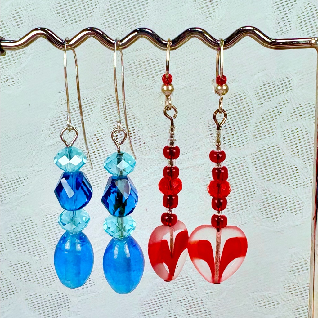 Earrings Pierced Handcrafted Unique Design Special Deal BlueAqua And Red Hearts 22$